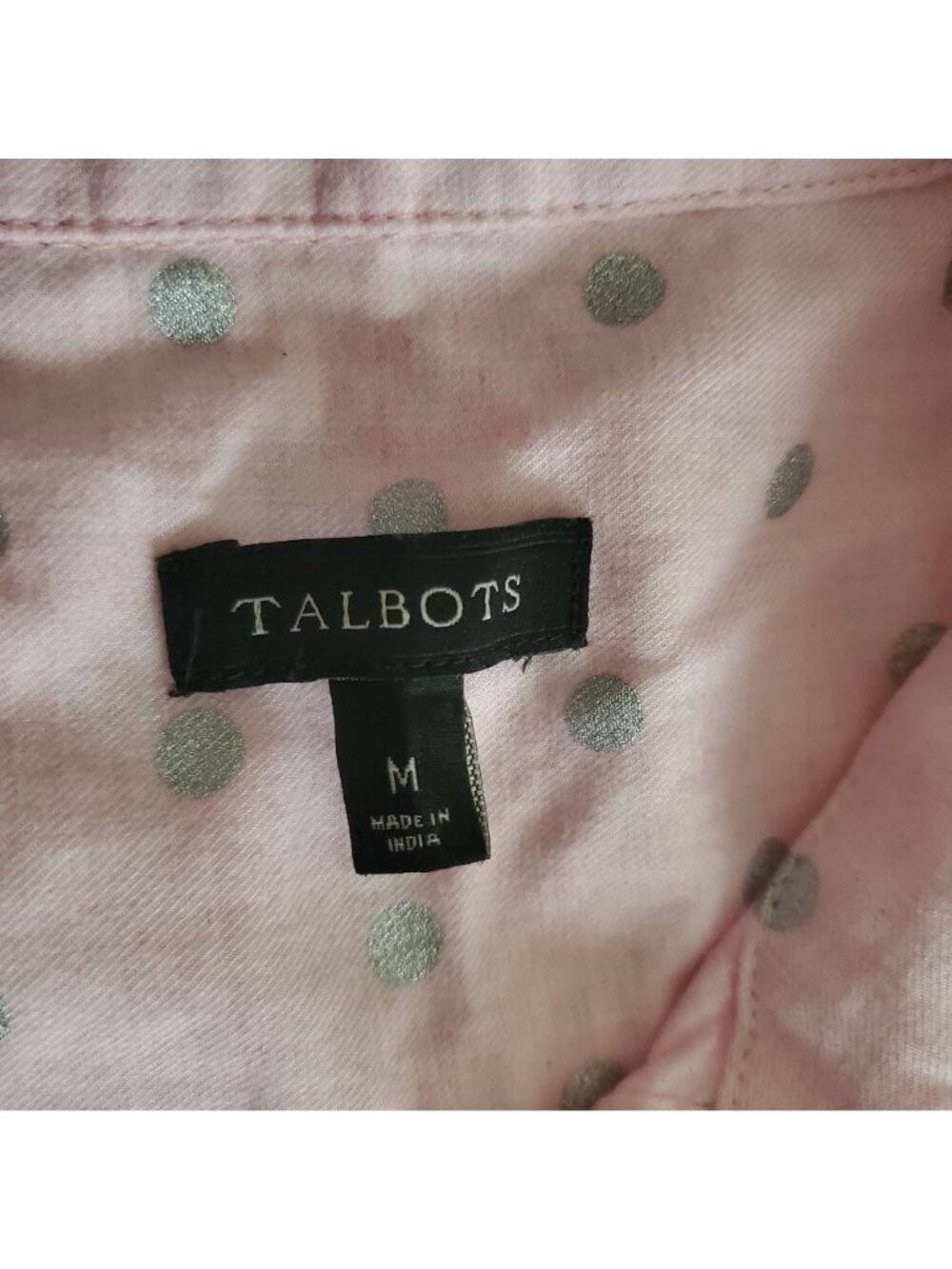 Talbots Women's Baby Pink Shimmer Foil Polka Dots Classic Button Down Shirt M - Picture 4 of 10